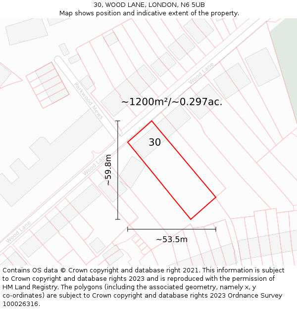 30, WOOD LANE, LONDON, N6 5UB: Plot and title map