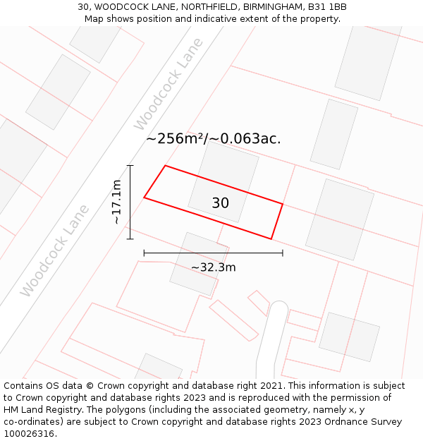 30, WOODCOCK LANE, NORTHFIELD, BIRMINGHAM, B31 1BB: Plot and title map