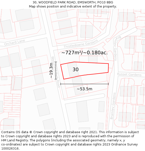 30, WOODFIELD PARK ROAD, EMSWORTH, PO10 8BG: Plot and title map