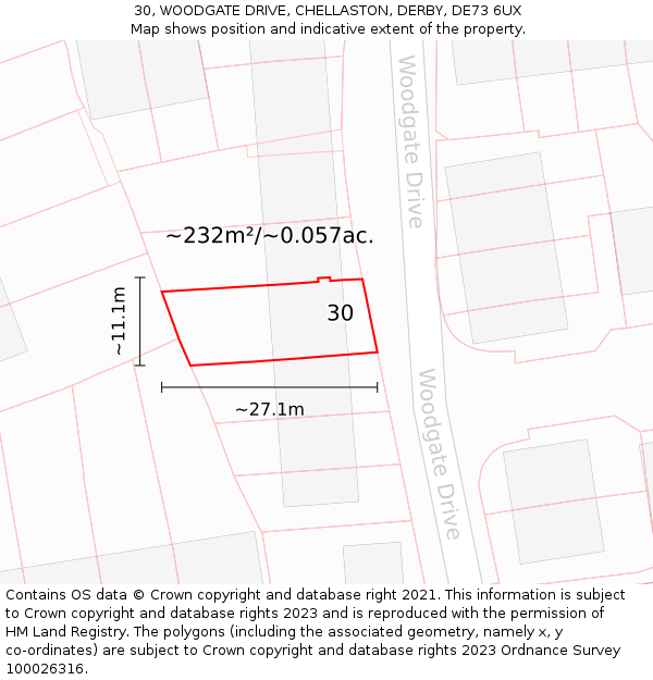 30, WOODGATE DRIVE, CHELLASTON, DERBY, DE73 6UX: Plot and title map