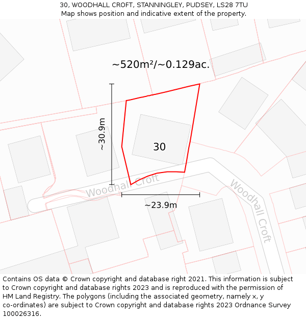 30, WOODHALL CROFT, STANNINGLEY, PUDSEY, LS28 7TU: Plot and title map