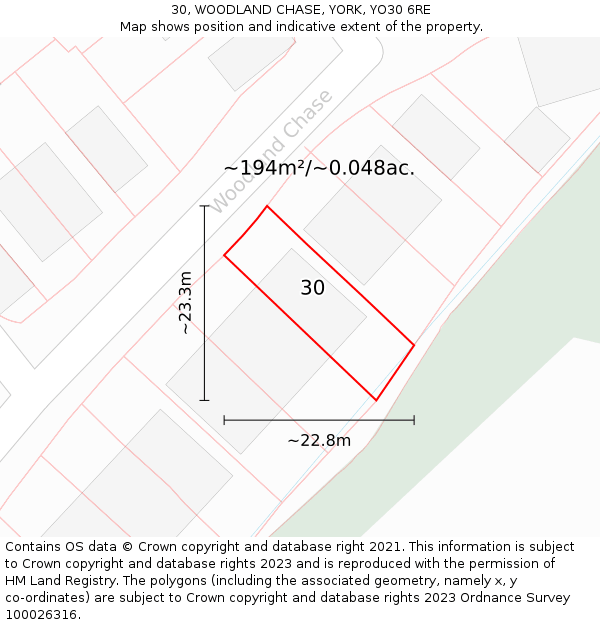 30, WOODLAND CHASE, YORK, YO30 6RE: Plot and title map