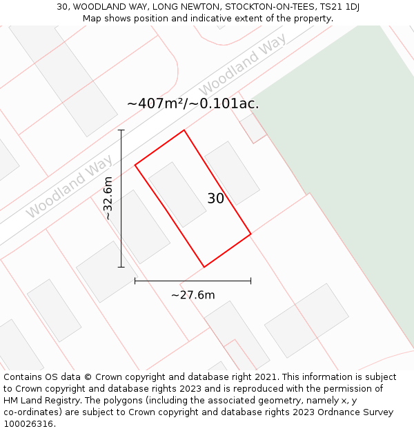 30, WOODLAND WAY, LONG NEWTON, STOCKTON-ON-TEES, TS21 1DJ: Plot and title map