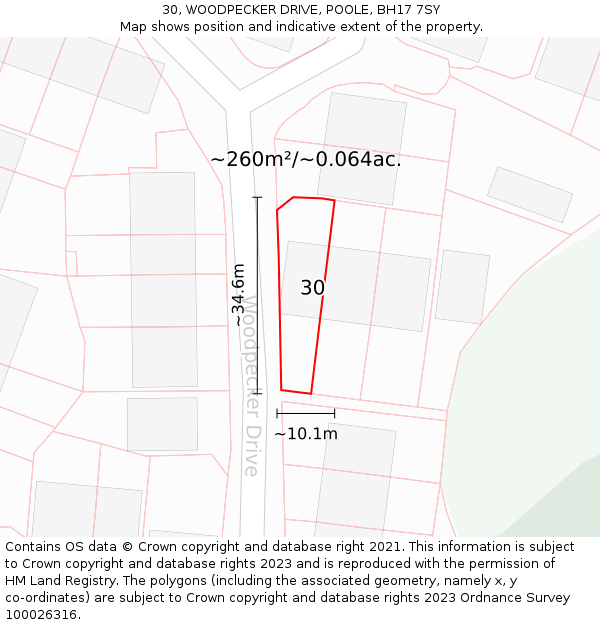 30, WOODPECKER DRIVE, POOLE, BH17 7SY: Plot and title map