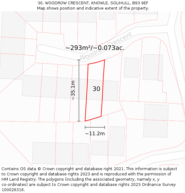 30, WOODROW CRESCENT, KNOWLE, SOLIHULL, B93 9EF: Plot and title map