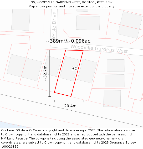 30, WOODVILLE GARDENS WEST, BOSTON, PE21 8BW: Plot and title map