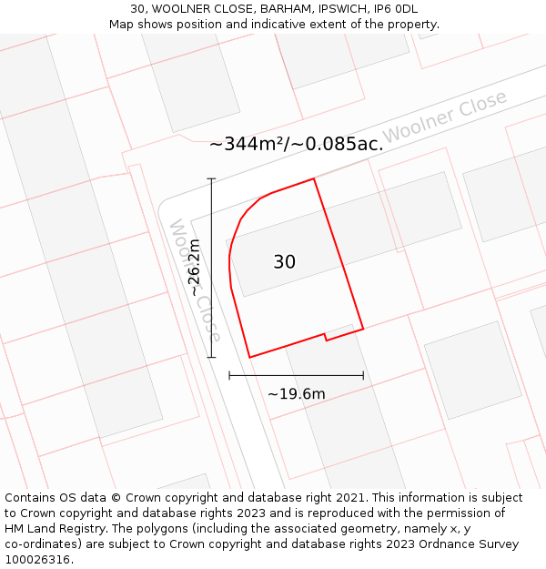 30, WOOLNER CLOSE, BARHAM, IPSWICH, IP6 0DL: Plot and title map