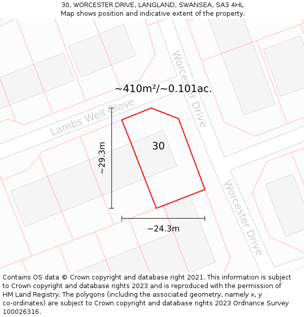 30, WORCESTER DRIVE, LANGLAND, SWANSEA, SA3 4HL: Plot and title map