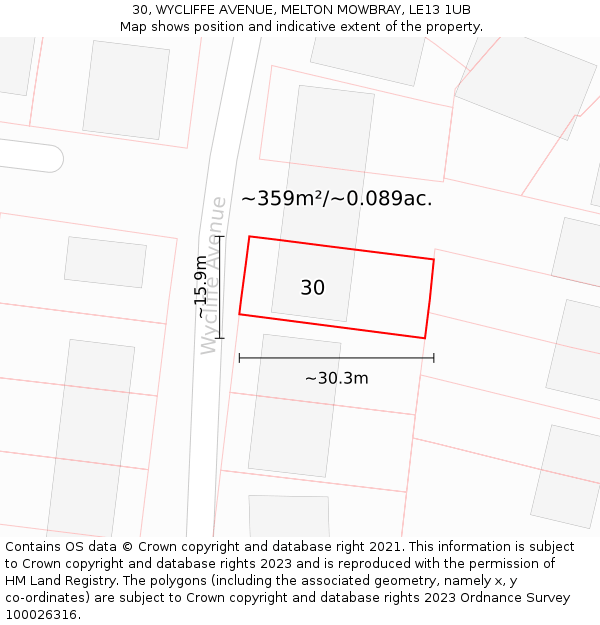 30, WYCLIFFE AVENUE, MELTON MOWBRAY, LE13 1UB: Plot and title map
