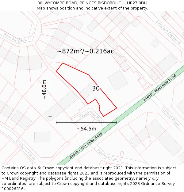30, WYCOMBE ROAD, PRINCES RISBOROUGH, HP27 0DH: Plot and title map