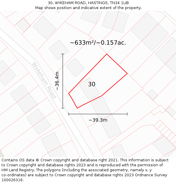 30, WYKEHAM ROAD, HASTINGS, TN34 1UB: Plot and title map