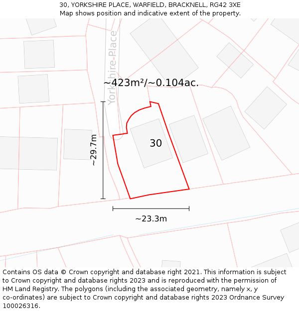 30, YORKSHIRE PLACE, WARFIELD, BRACKNELL, RG42 3XE: Plot and title map