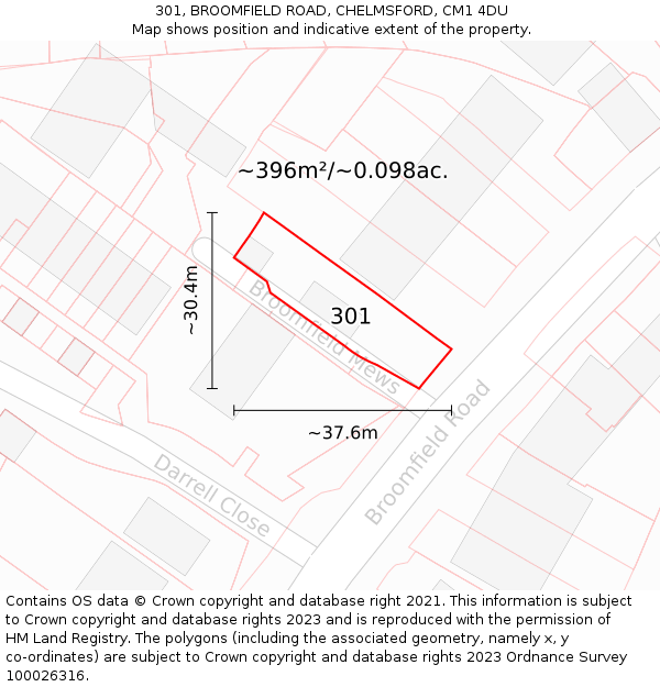 301, BROOMFIELD ROAD, CHELMSFORD, CM1 4DU: Plot and title map