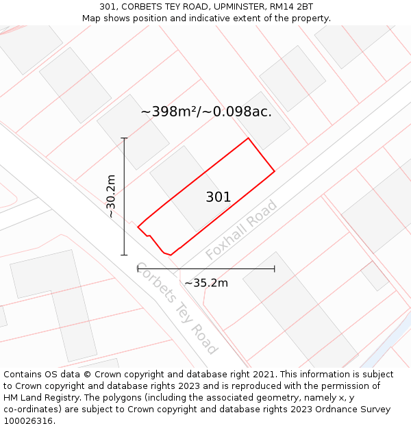 301, CORBETS TEY ROAD, UPMINSTER, RM14 2BT: Plot and title map