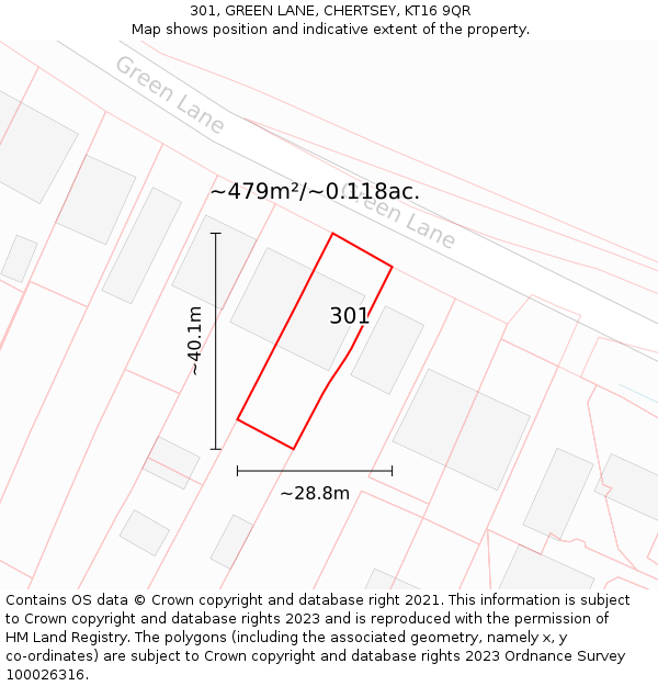 301, GREEN LANE, CHERTSEY, KT16 9QR: Plot and title map