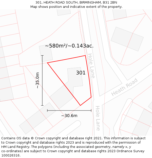 301, HEATH ROAD SOUTH, BIRMINGHAM, B31 2BN: Plot and title map