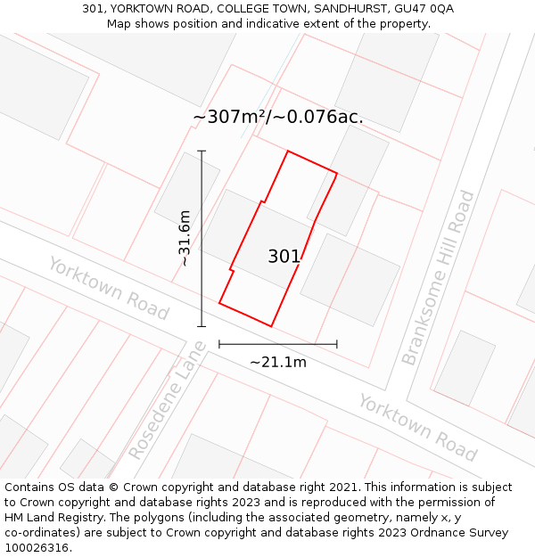 301, YORKTOWN ROAD, COLLEGE TOWN, SANDHURST, GU47 0QA: Plot and title map