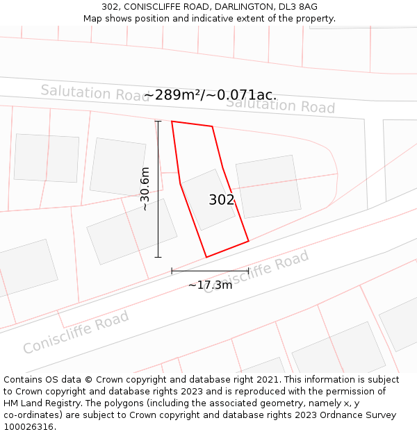302, CONISCLIFFE ROAD, DARLINGTON, DL3 8AG: Plot and title map