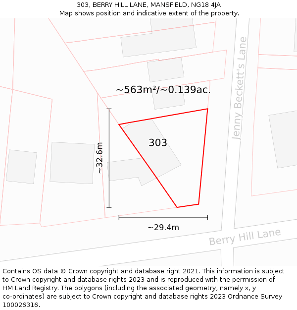 303, BERRY HILL LANE, MANSFIELD, NG18 4JA: Plot and title map