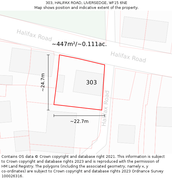 303, HALIFAX ROAD, LIVERSEDGE, WF15 6NE: Plot and title map