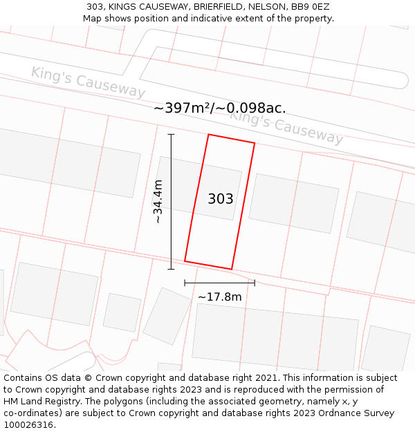 303, KINGS CAUSEWAY, BRIERFIELD, NELSON, BB9 0EZ: Plot and title map