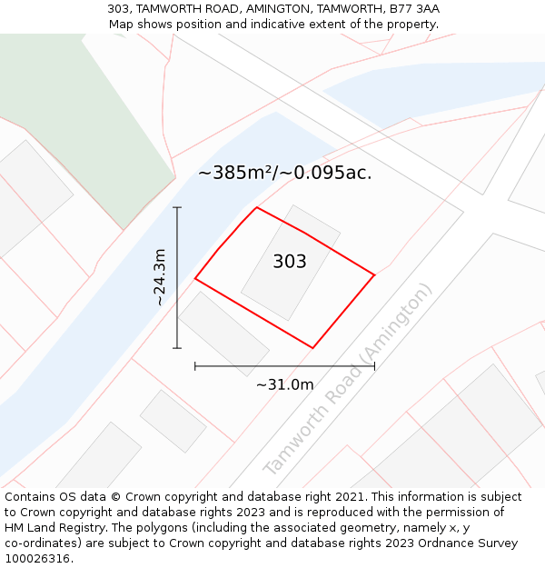 303, TAMWORTH ROAD, AMINGTON, TAMWORTH, B77 3AA: Plot and title map