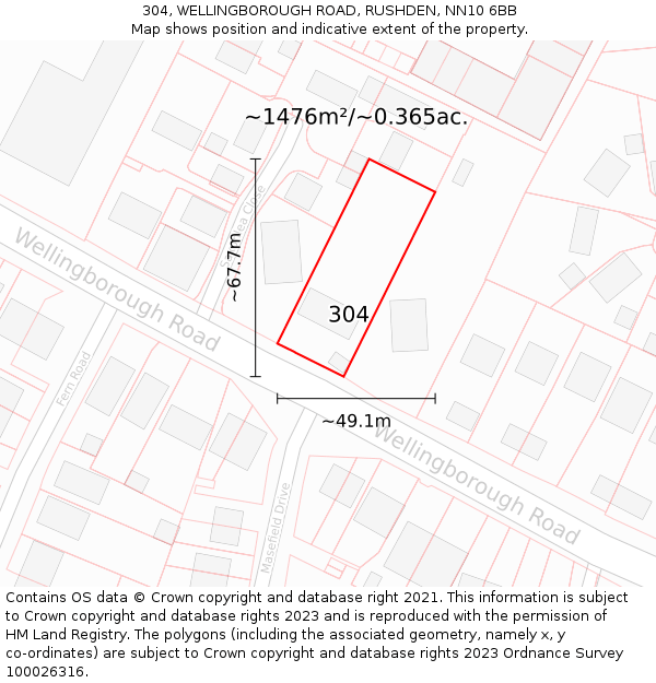 304, WELLINGBOROUGH ROAD, RUSHDEN, NN10 6BB: Plot and title map