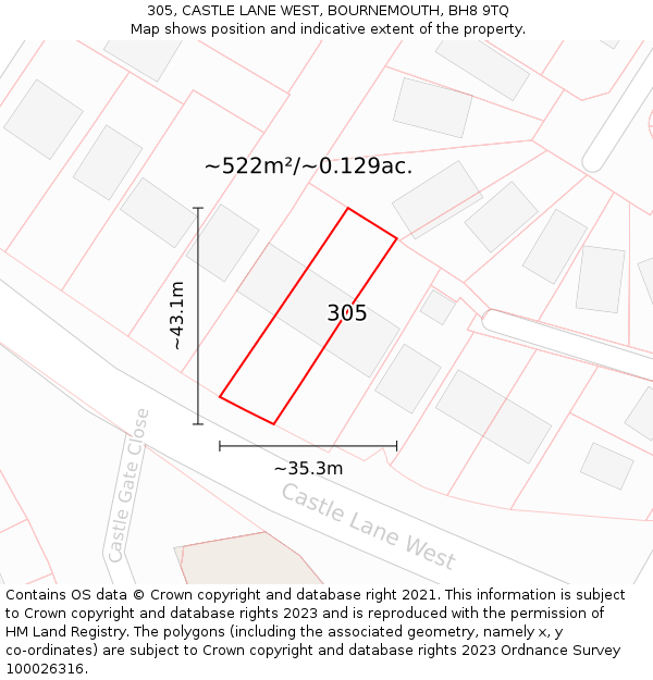 305, CASTLE LANE WEST, BOURNEMOUTH, BH8 9TQ: Plot and title map