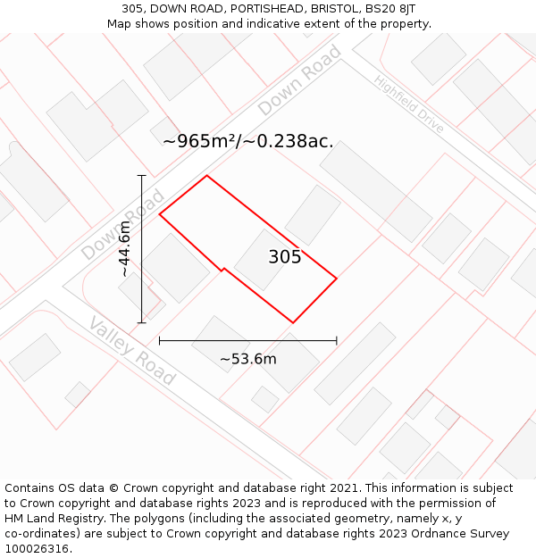 305, DOWN ROAD, PORTISHEAD, BRISTOL, BS20 8JT: Plot and title map