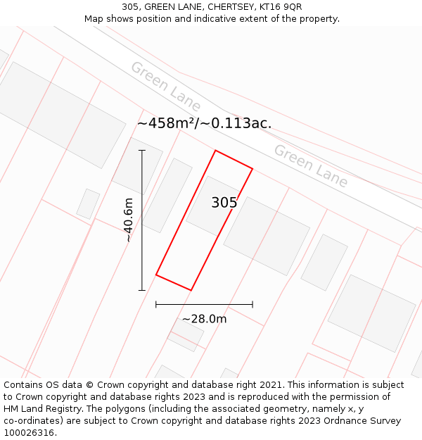 305, GREEN LANE, CHERTSEY, KT16 9QR: Plot and title map