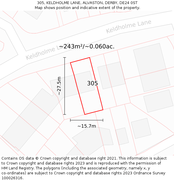 305, KELDHOLME LANE, ALVASTON, DERBY, DE24 0ST: Plot and title map