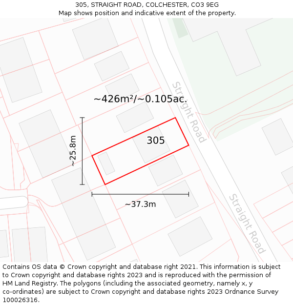 305, STRAIGHT ROAD, COLCHESTER, CO3 9EG: Plot and title map