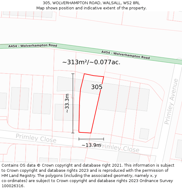 305, WOLVERHAMPTON ROAD, WALSALL, WS2 8RL: Plot and title map