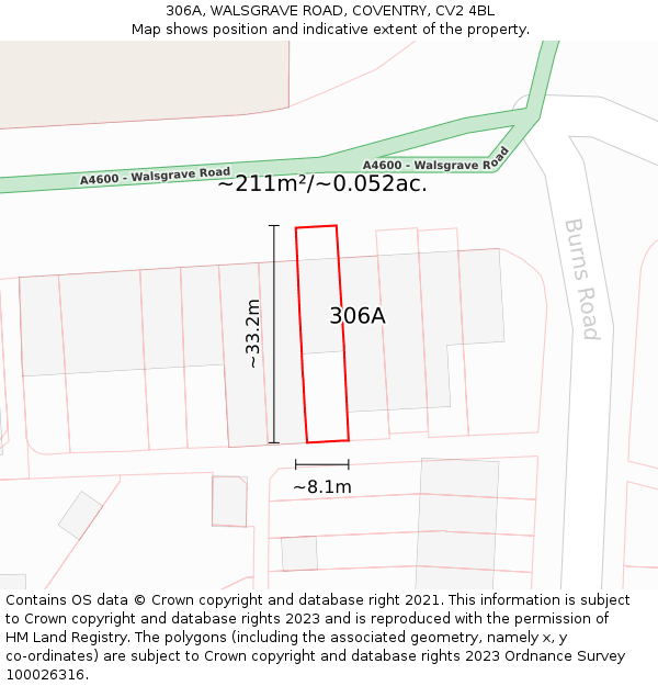 306A, WALSGRAVE ROAD, COVENTRY, CV2 4BL: Plot and title map