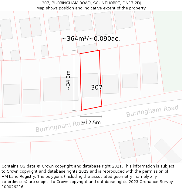 307, BURRINGHAM ROAD, SCUNTHORPE, DN17 2BJ: Plot and title map
