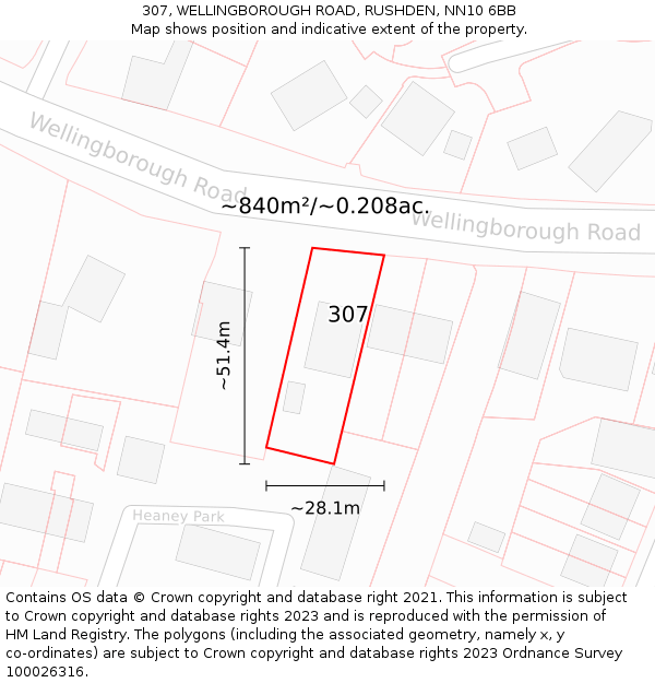 307, WELLINGBOROUGH ROAD, RUSHDEN, NN10 6BB: Plot and title map