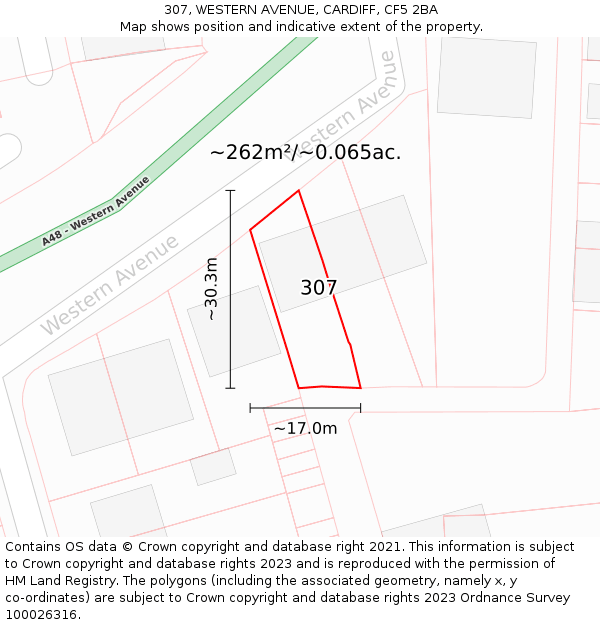 307, WESTERN AVENUE, CARDIFF, CF5 2BA: Plot and title map
