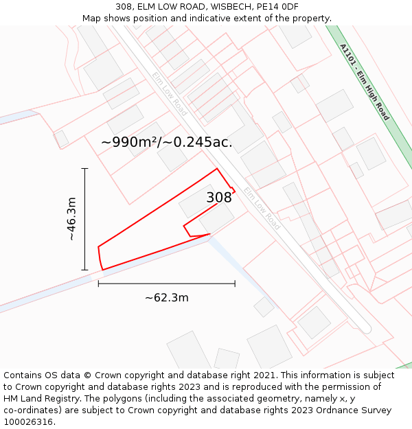 308, ELM LOW ROAD, WISBECH, PE14 0DF: Plot and title map
