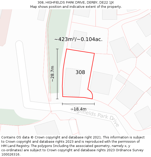 308, HIGHFIELDS PARK DRIVE, DERBY, DE22 1JX: Plot and title map