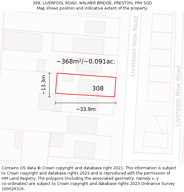 308, LIVERPOOL ROAD, WALMER BRIDGE, PRESTON, PR4 5GD: Plot and title map