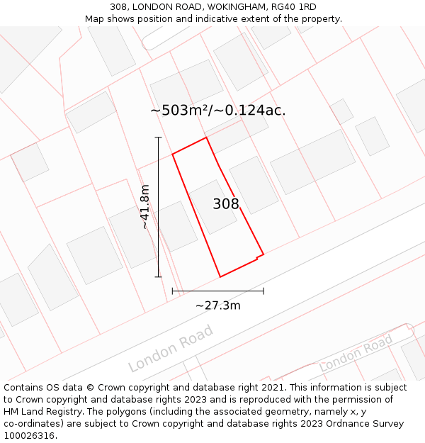 308, LONDON ROAD, WOKINGHAM, RG40 1RD: Plot and title map