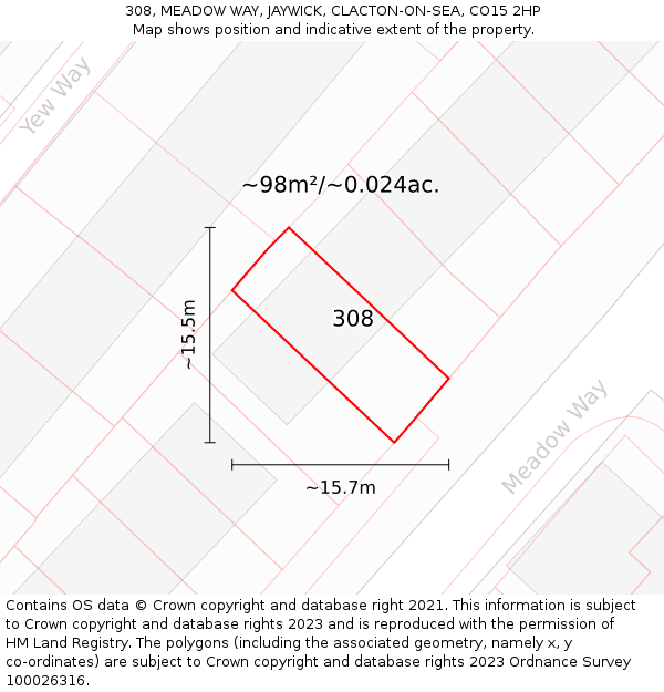 308, MEADOW WAY, JAYWICK, CLACTON-ON-SEA, CO15 2HP: Plot and title map