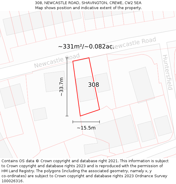 308, NEWCASTLE ROAD, SHAVINGTON, CREWE, CW2 5EA: Plot and title map