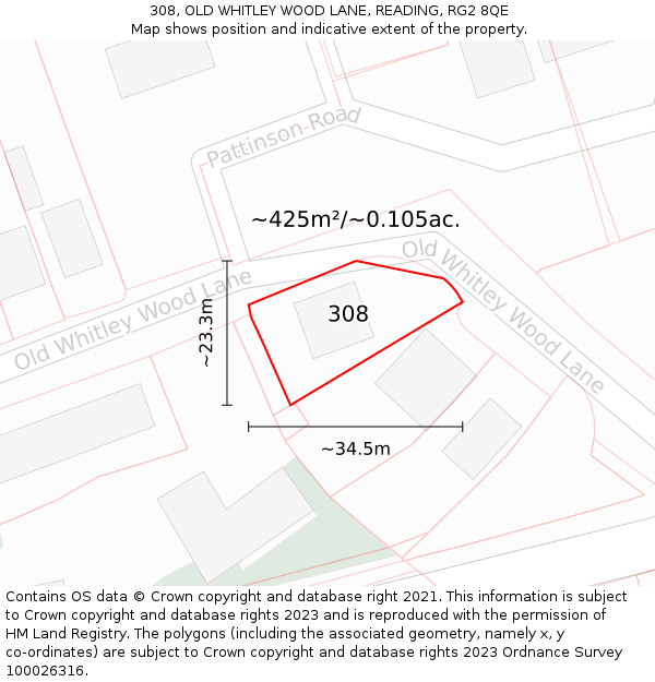 308, OLD WHITLEY WOOD LANE, READING, RG2 8QE: Plot and title map