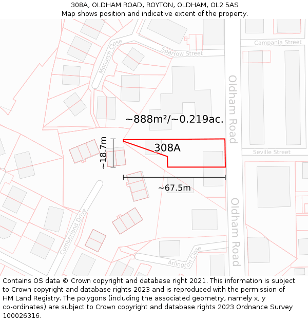 308A, OLDHAM ROAD, ROYTON, OLDHAM, OL2 5AS: Plot and title map