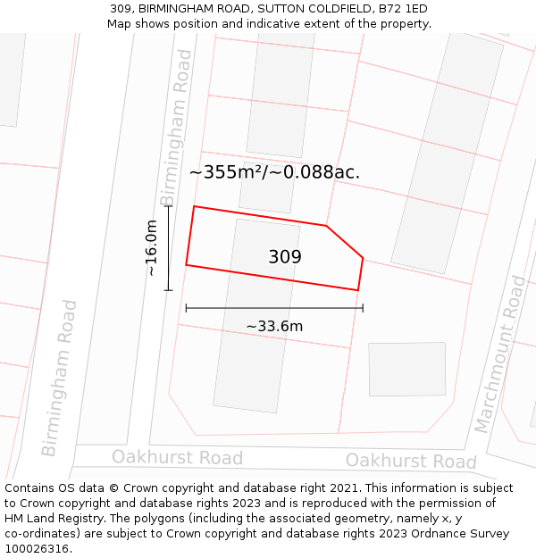 309, BIRMINGHAM ROAD, SUTTON COLDFIELD, B72 1ED: Plot and title map
