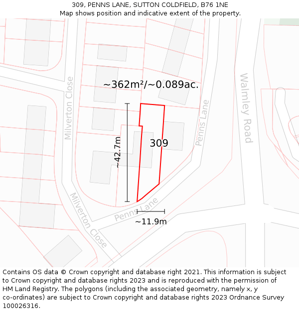309, PENNS LANE, SUTTON COLDFIELD, B76 1NE: Plot and title map