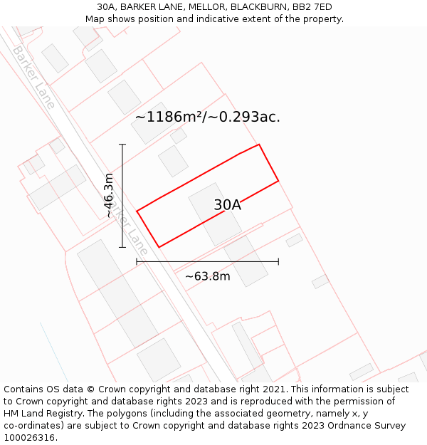 30A, BARKER LANE, MELLOR, BLACKBURN, BB2 7ED: Plot and title map