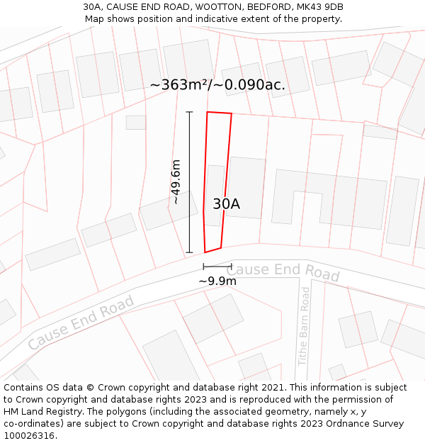 30A, CAUSE END ROAD, WOOTTON, BEDFORD, MK43 9DB: Plot and title map