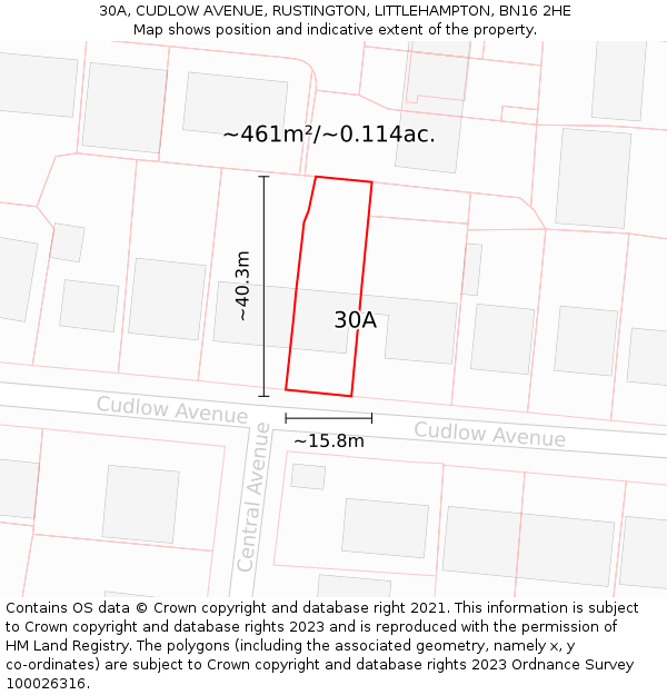 30A, CUDLOW AVENUE, RUSTINGTON, LITTLEHAMPTON, BN16 2HE: Plot and title map
